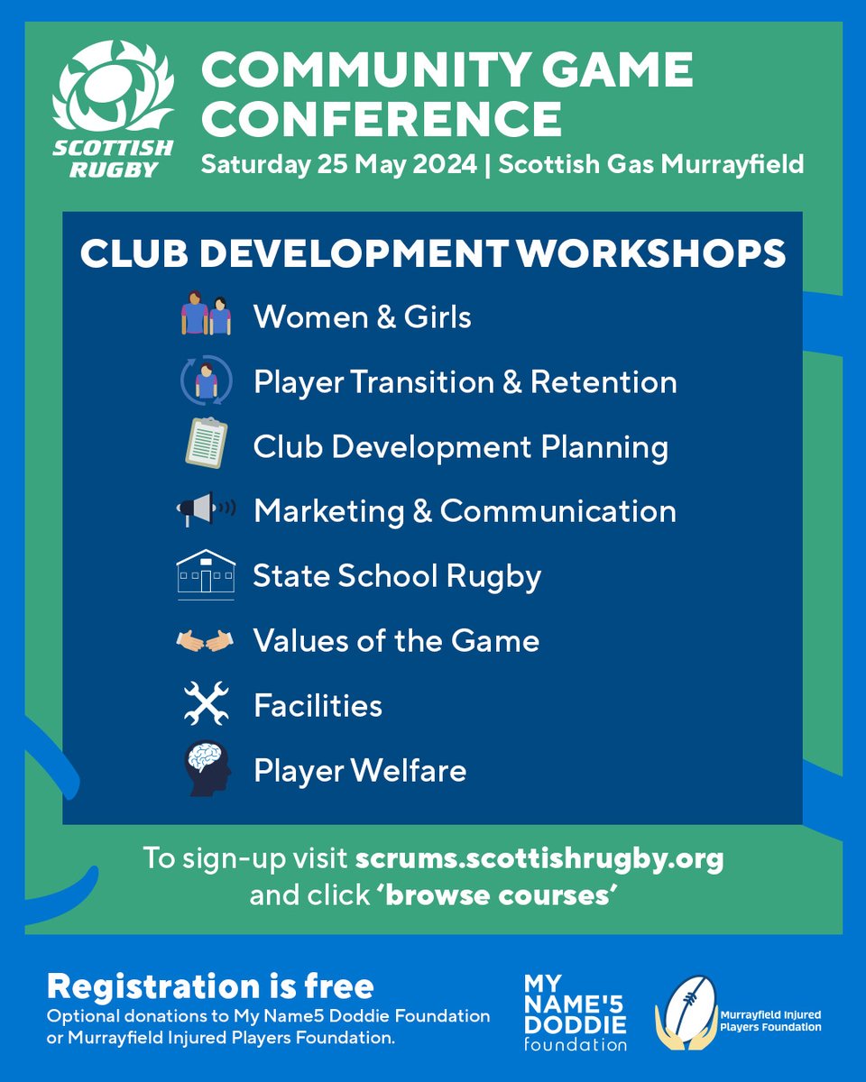 Community Game Conference 2024 📅 Saturday 25 May 🏟️ Scottish Gas Murrayfield 🏉 For coaches, referees, volunteers and leaders Join us for a great day of learning by signing up for FREE via SCRUMS bit.ly/3L3pb1m - optional donation to @MNDoddie5 👍