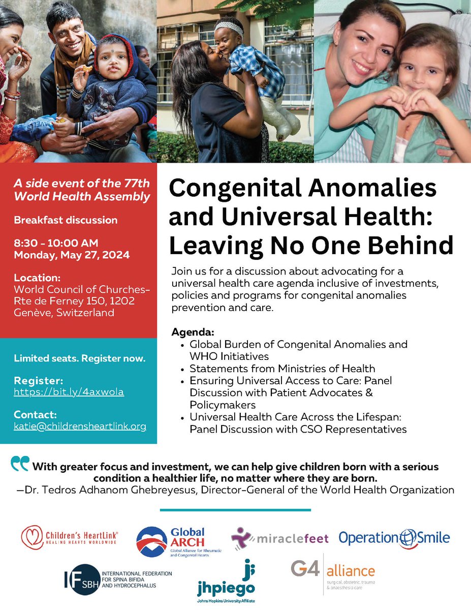 Join us May 27 @ 8:30 a.m. CEST to discuss resources that are needed to serve children born with congenital anomalies around the globe. A great line-up! @CHeartLink @miraclefeet @operationsmile @ifsbh @theG4Alliance @HopkinsMedicine Register: bit.ly/4axwola #GlobalHealth