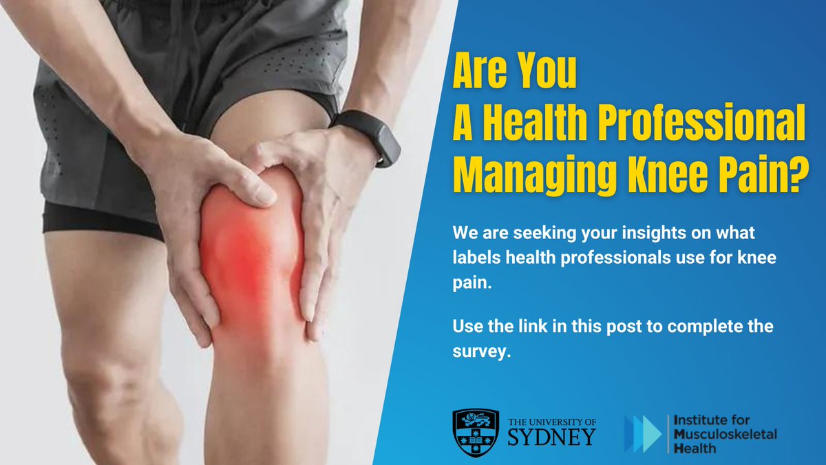 📢 Health professionals wanted!

Shape the Future of Knee Pain Care – Join our survey and uncover the power of diagnostic labels!

Join us in this important research by taking our quick survey: sydney.au1.qualtrics.com/jfe/form/SV_7W…. It only takes <15 minutes! #healthprofessionals #KneePain