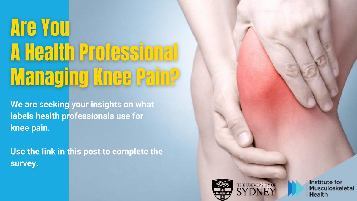Are you a health professional in managing knee pain? We are seeking your input about what labels #healthprofessionals use for #kneepain. Use the link in this post to complete a quick survey (<15 min): sydney.au1.qualtrics.com/jfe/form/SV_7W…. Thank you for contributing to this crucial work!