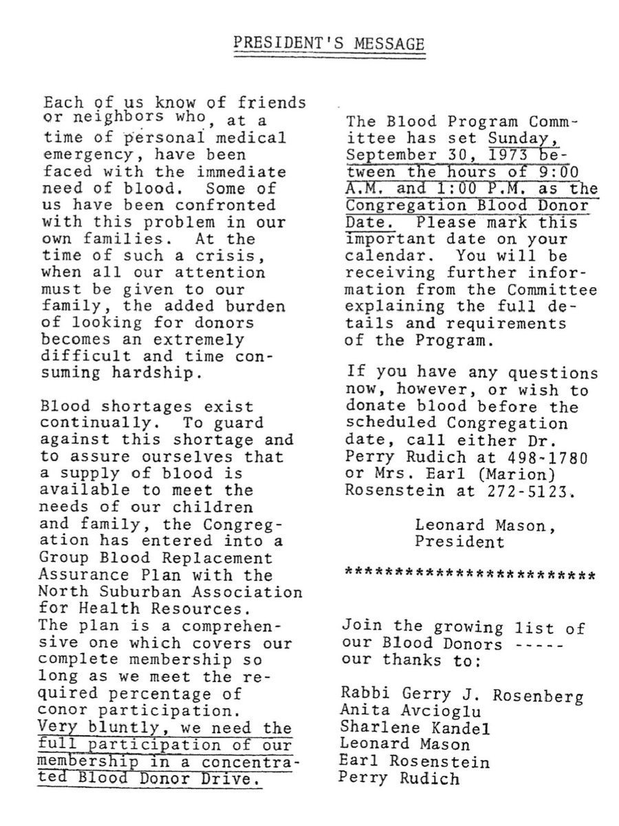 A 1973 newsletter shows why a synagogue started a blood drive 50 years ago! President said if a family member went to the hospital,u had to find your own blood. The blood would be a credit in case someone became sick.The blood drive is Sun, 4/7, 8 am - 1 pm, 3433 Walters Ave.