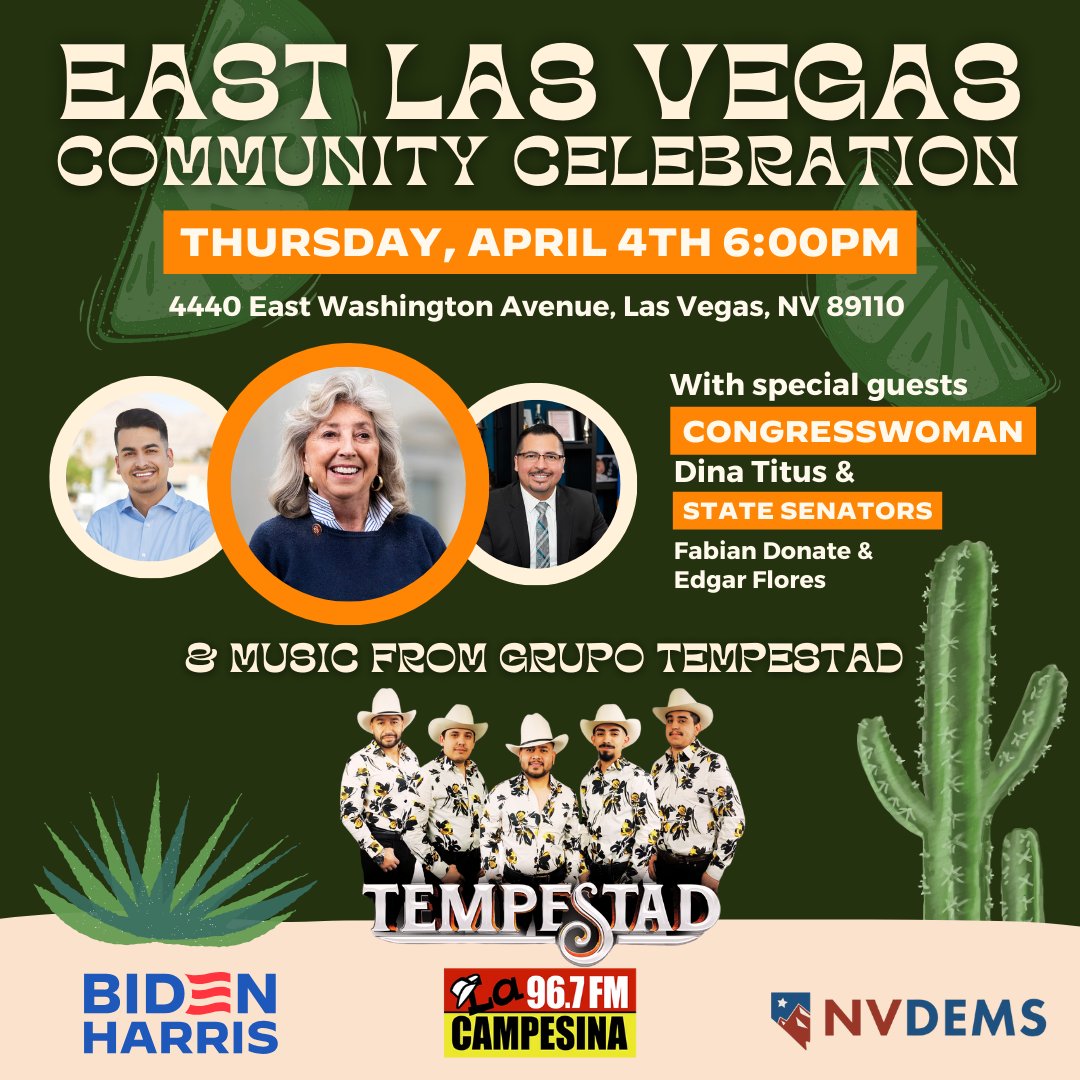 Uniting with Latino voters and leaders tomorrow in East Las Vegas at 6pm with @dinatitus, @edgarfloresnv, and @fabiandonate! @nvdems and @BidenHQ are opening a new office with a bang, featuring Grupo Tempestad and great food. Don’t miss out! RSVP here: tinyurl.com/4tn4nk9t
