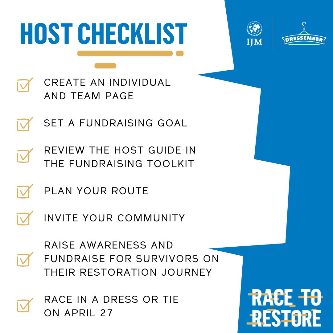 Want to host a local Race to Restore to support survivors of human trafficking and violence? Save this host checklist for later ✅ Check out our Fundraising toolkit for a Host Guide, social media graphics, and email templates to promote your event: ow.ly/Un2l50R7scP