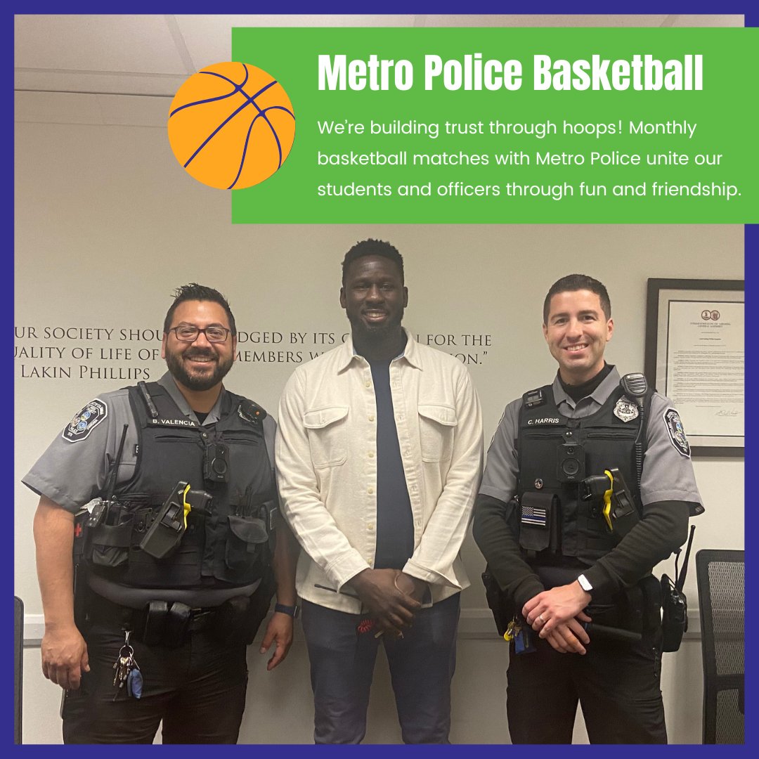 Every month, Metro Police officers join us to shoot hoops with students across our schools. This initiative fosters positive relationships, showing students that officers are friendly faces in their community.🏀💙