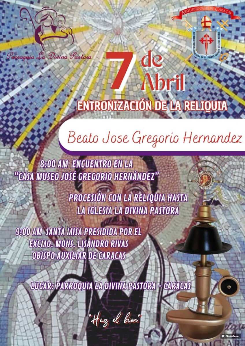 Arquidiócesis de Caracas invit el próximo 7 de abril, Domingo de Misericordia, cuando se entronizará una reliquia del Doctor José Gregorio Hernández en la Iglesia La Divina Pastora, a las 9:00am. Previo a la Santa Misa, se realizará una procesión con la reliquia, a las 8:00am,