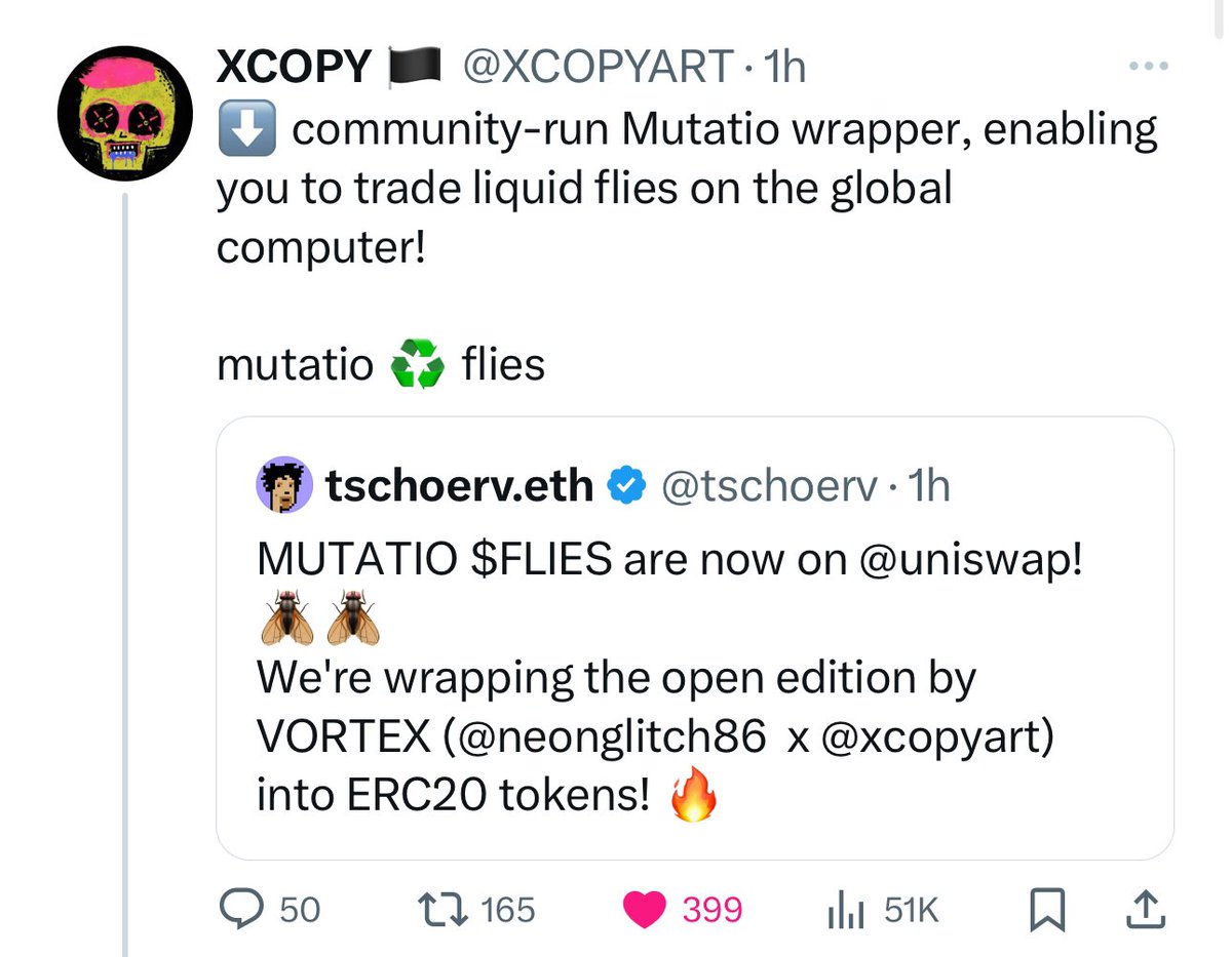 You can now wrap the open edition 'Mutato' by xcopyart x neonglitch into ERC20 $flies currently has a market cap of $1.4m and a trading volume of $1m