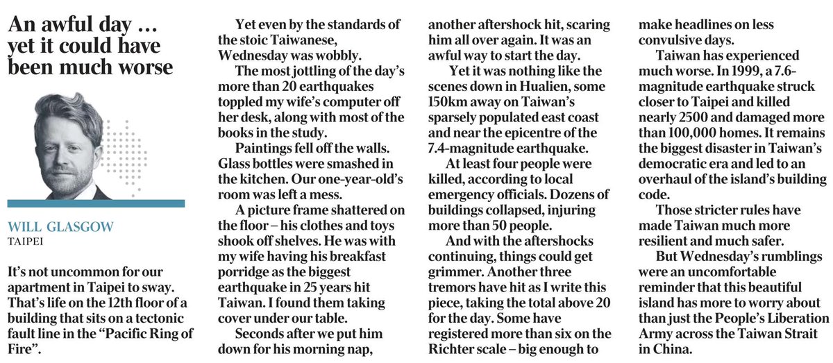 From @wmdglasgow for @australian, on his experience of the earthquake in Taiwan yesterday. Glad you're all ok!