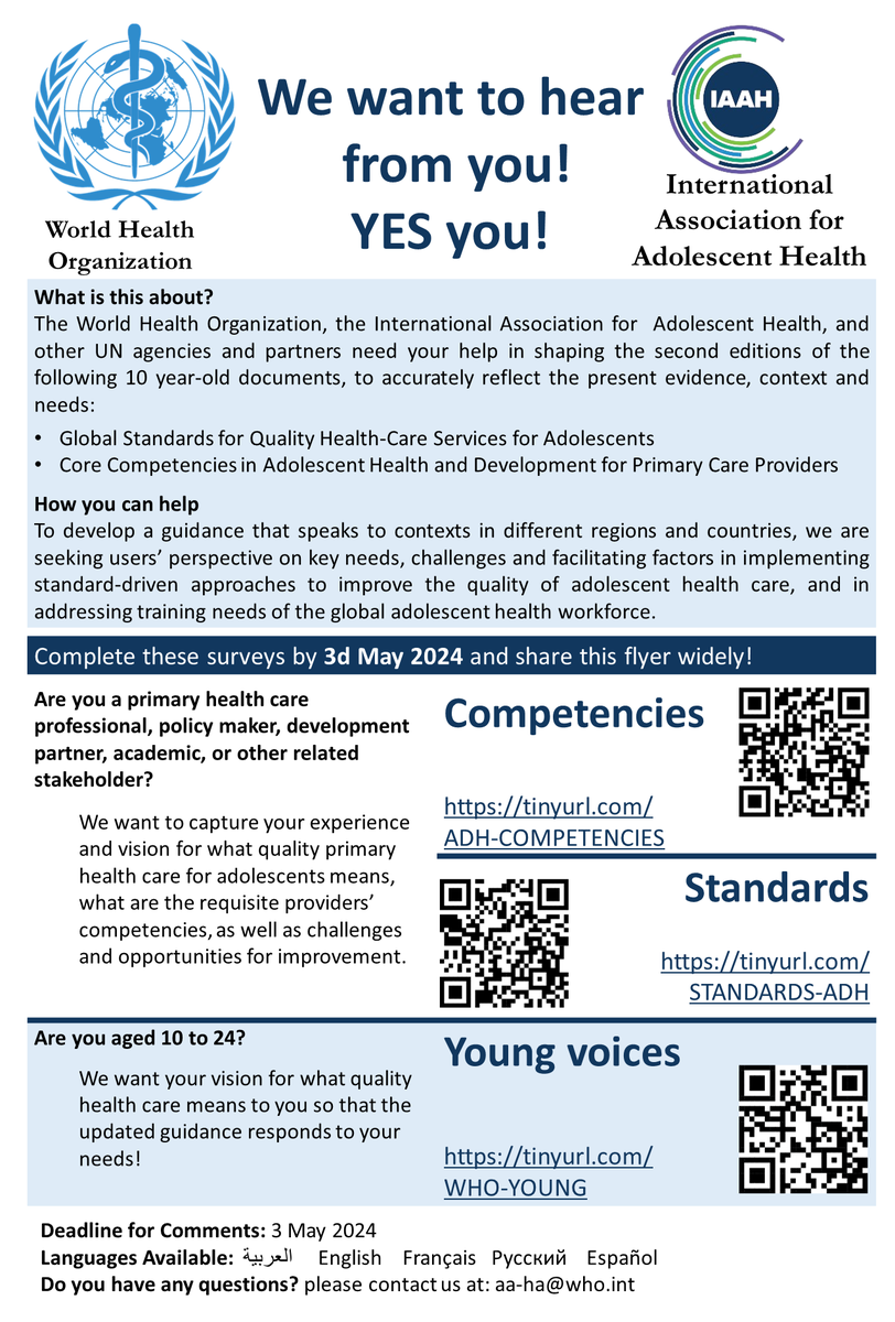 📢@WHO & partners need your input to shape global adolescent health care! 📌 Health professionals, policymakers, academics : tinyurl.com/ADH-COMPETENCI… 🔗 tinyurl.com/STANDARDS-ADH 📌 Youth 10-24: 🔗 tinyurl.com/WHO-YOUNG 🗓️ By: 3May2024 🌐 العربية English Français Русский Español