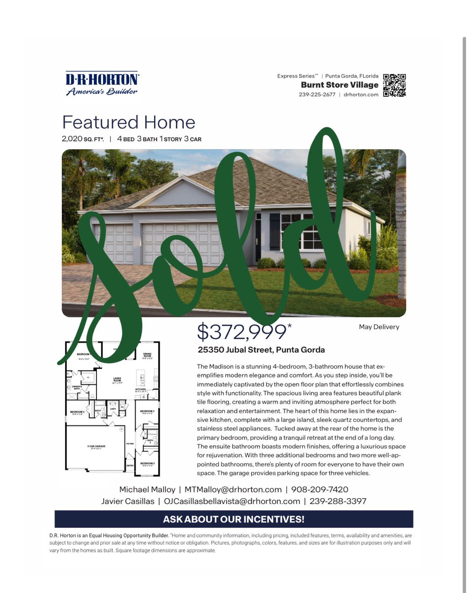 Isn’t it time you considered Burnt Store Village by D.R. Horton?  We are Punta Gorda’s new address for value.  Email mtmalloy@drhorton.com or ojcasillasbellavista@drhorton.com to hear about our attractive incentives.#burntstorevillage #puntagordarealtor #capecoralrealestate