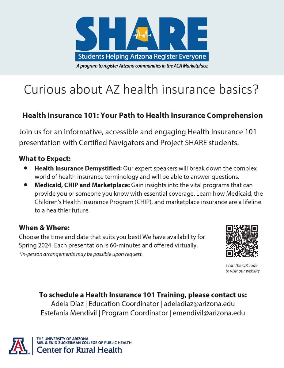 UACRH's tweet image. Better understand AZ health insurance! Join our Health Insurance 101 session for expert insights and easy understanding. 🌐 #HealthInsurance101 #ProjectSHARE #AZhealthinsurance #ArizonaHealthInsurance