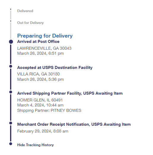 rmiles7721's tweet photo. @USPS @USPSHelp This is ridiculous. I live in Villa Rica, so after waiting a month now you've sent it halfway across the state to wait in limbo. wtf. You realize it's April now, right? https://t.co/Ir8Ag6TD7B