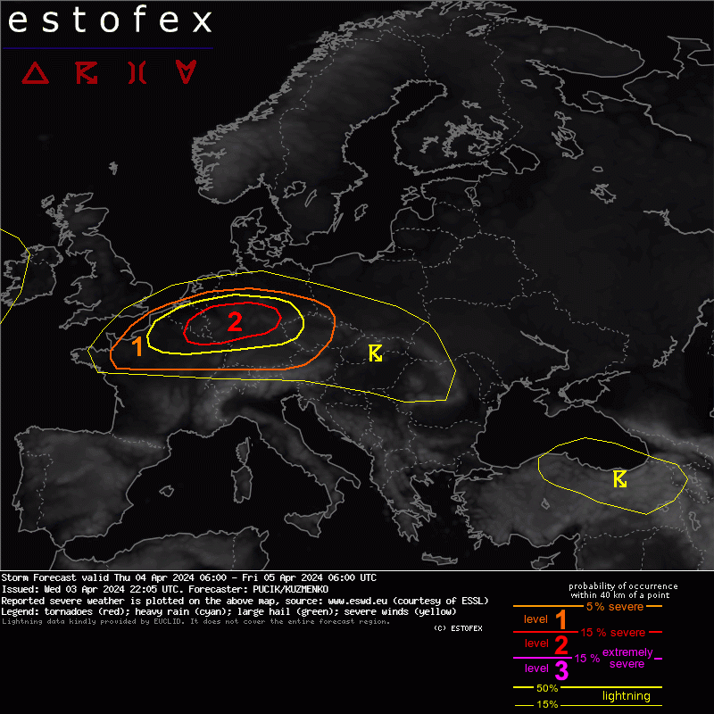 An active severe weather situation is expected on Thursday with tornadoes and severe wind gust being the primary threats. Read more here: estofex.org/cgi-bin/polygo…