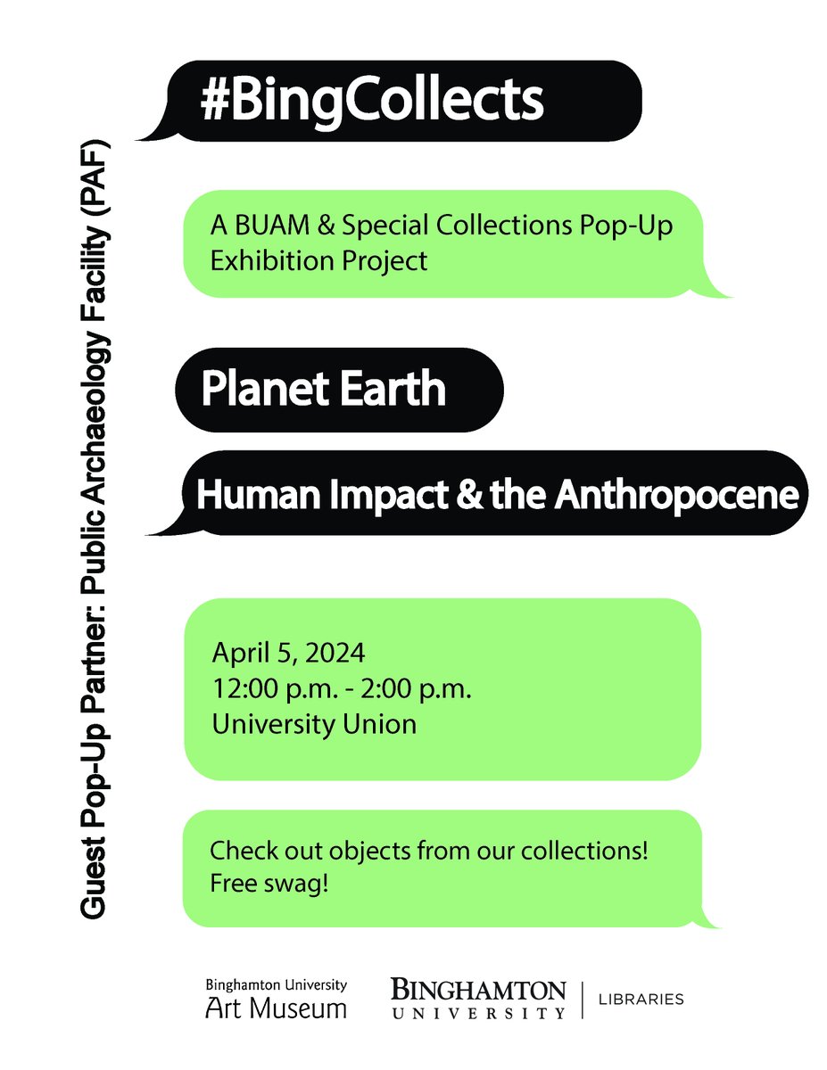 Our next #BingCollects pop-up with BUAM and the Public Archaeology Facility will be on April 5, 2024 from noon – 2:00 p.m. in the University Union. Come see artifacts, art, and books on the theme! Read more about the project: bit.ly/3FbItir