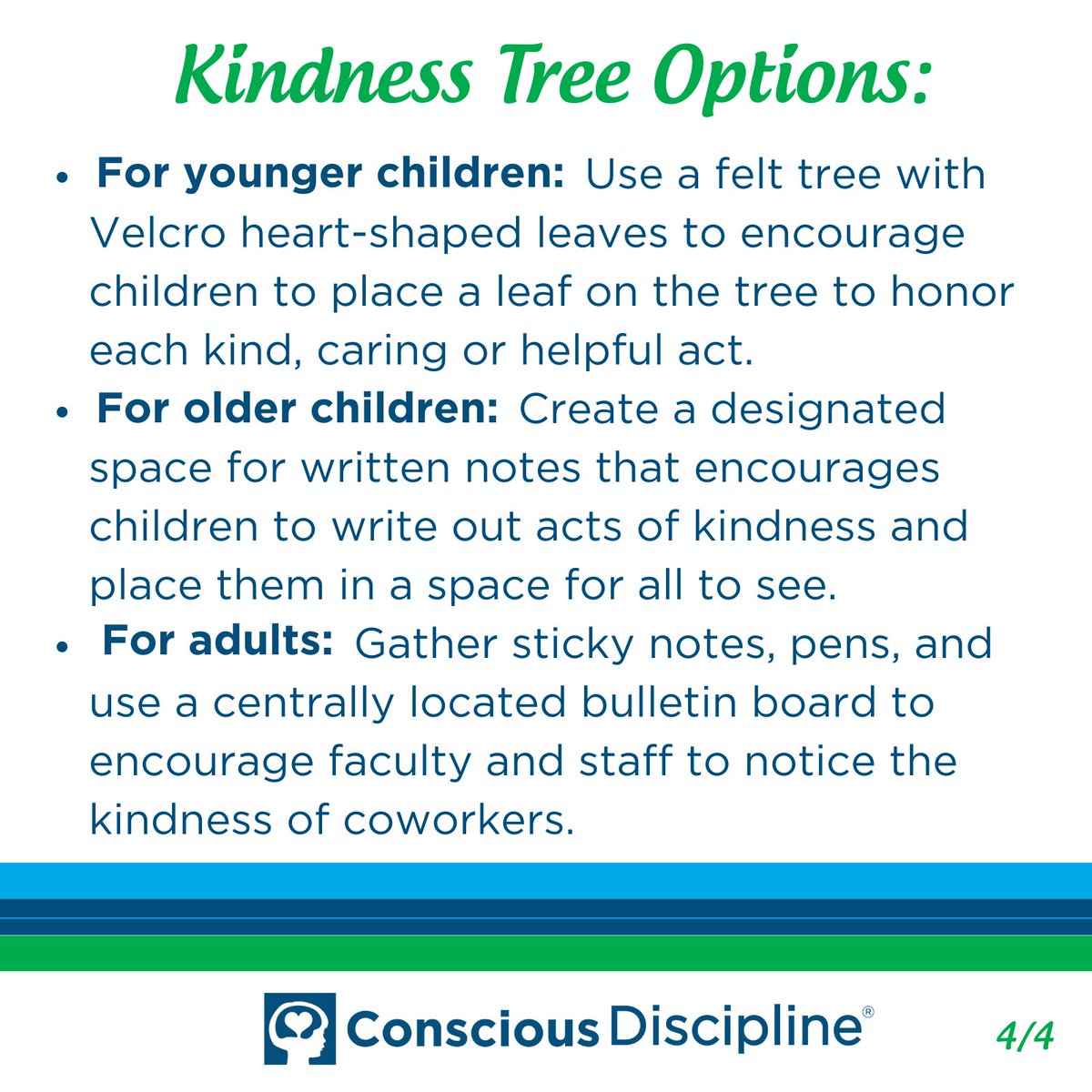 The Kindness Tree provides a way to symbolically recognize kind and helpful acts, retraining the brain to focus on positive behaviors. By noticing the inner resource of kindness, you increase its power and reach. Learn more here: consciousdiscipline.com/free-resources…