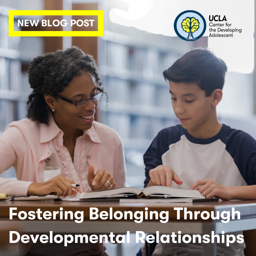 In our new blog post, we summarize @williamsjoannal’s recent presentation about what it means to belong, why it matters in education, and how adults can help students feel a sense of belonging at school. @SearchInstitute Read the blog on our website: developingadolescent.semel.ucla.edu/blog/item/fost…