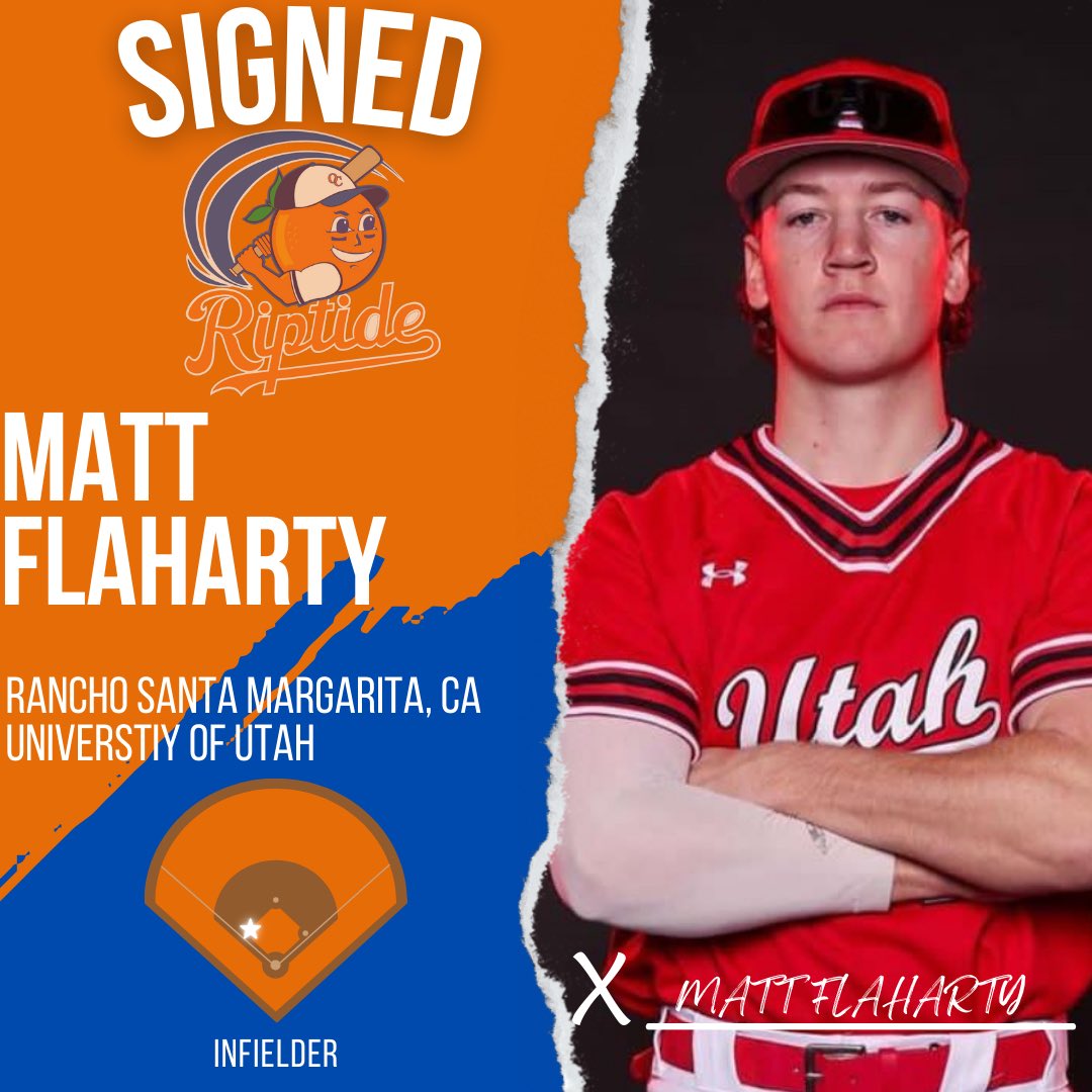 𝗔𝗡𝗢𝗧𝗛𝗘𝗥 𝗢𝗡𝗘 ✅ @utahbaseball sophomore @MattFlaharty will be playing #SummerBall in Orange County at @yourgreatpark for the OC Riptide 2024 season! Welcome to the #OCRiptideFamily Matt! 🟠🔵 #OCRiptideBaseball #YourGreatPark #CCLBaseball #GoUtes