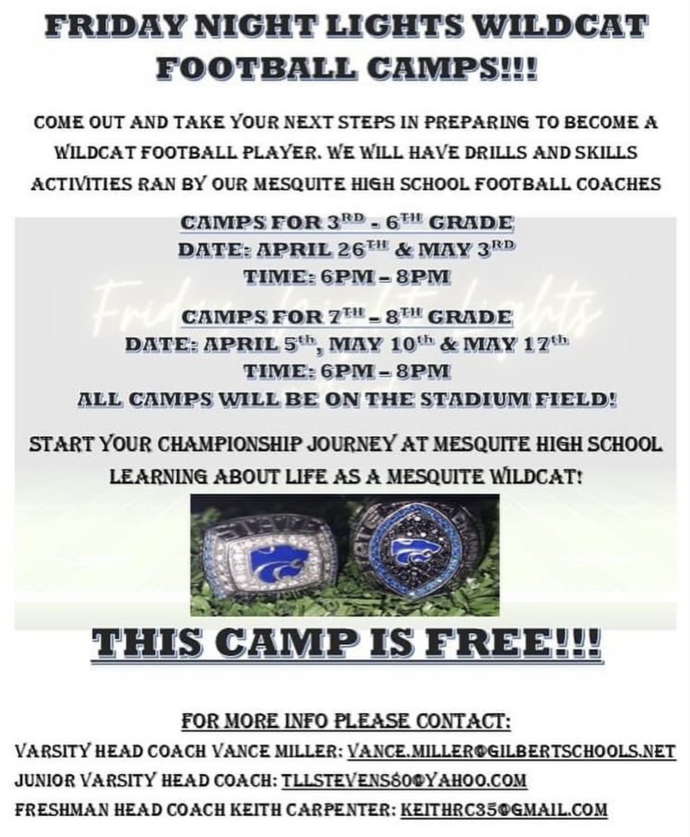 ATTENTION ALL 7TH & 8TH GRADERS! This Friday (04/05 from 6pm - 8pm) come join our Mesquite Wildcats Coaching Staff for a FREE youth camp! Our coaches will help prepare incoming athletes by going over different skills & drills and then putting them into play!