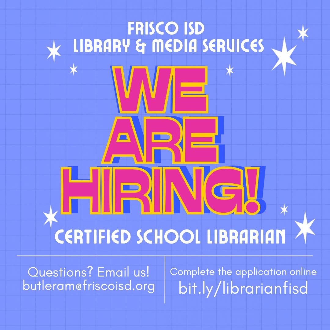Amanda Butler (@_amandabutler) on Twitter photo Calling all my wonderful librarian friends who are looking for a different gig next year. We’re hiring!! Come join our team! <a href="/FISD_Libraries/">Frisco ISD Libraries</a> Calling all my wonderful librarian friends who are looking for a different gig next year. We’re hiring!! Come join our team! <a href="/FISD_Libraries/">Frisco ISD Libraries</a>