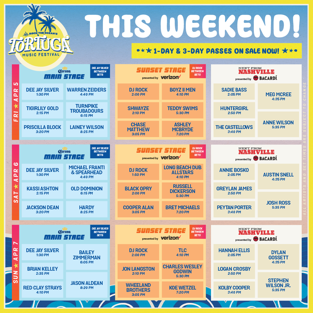 THIS WEEKEND! 🤠☀️🎵 Single-Day or Weekend Passes are still available for this year's Tortuga Music Festival on Fort Lauderdale beach at TortugaMusicFestival.com. Passes will be ready for pickup at the festival's Box Office! See you there! 🐢🦩🐋 #TortugaFest