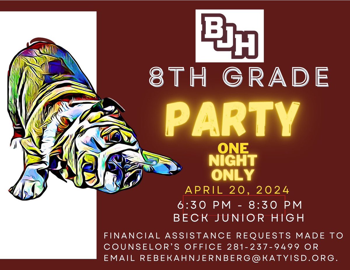 8th grade parents- it’s time to buy your student’s ticket to the 8th Grade Party, online sales only. beckjhpta.membershiptoolkit.com/store/13995