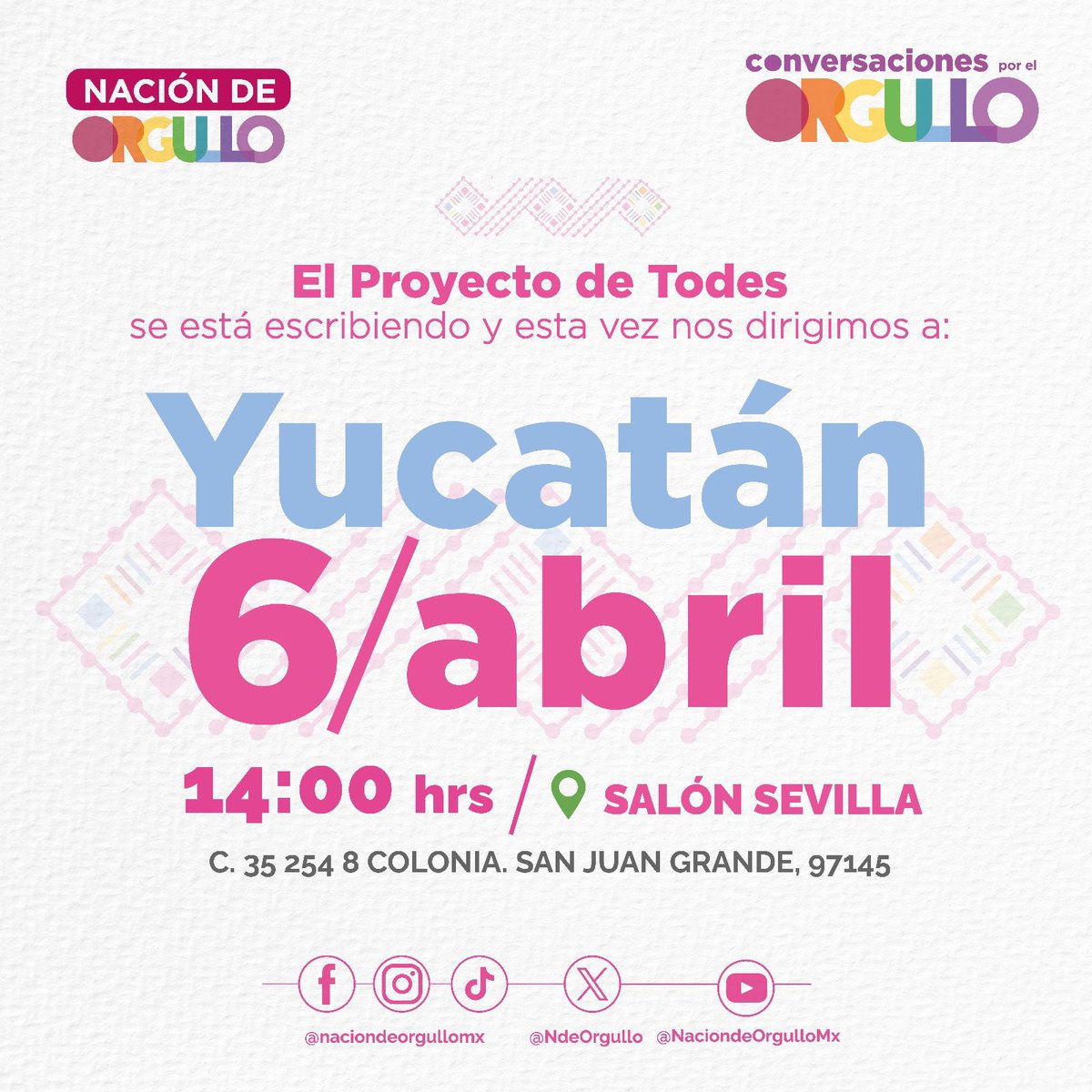 Este sábado 6 de abril #NaciónDeOrgullo 🏳️‍⚧️🏳️‍🌈 en Mérida, #Yucatán para fortalecer la agenda #LGBTTTIQA+ desde la Cuarta Transformación 🇲🇽✅ Por allá nos vemos en compañía de todes ustedes y de nuestras candidatas y candidatos ¡No falten! @huachodiazmena @GeovannaCamposV…