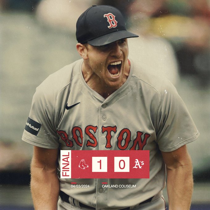 A photo of Nick Pivetta yelling in celebration with a final score graphic reading "Final: Red Sox 1, Athletics 0" for the April 3rd game at Oakland Coliseum. 