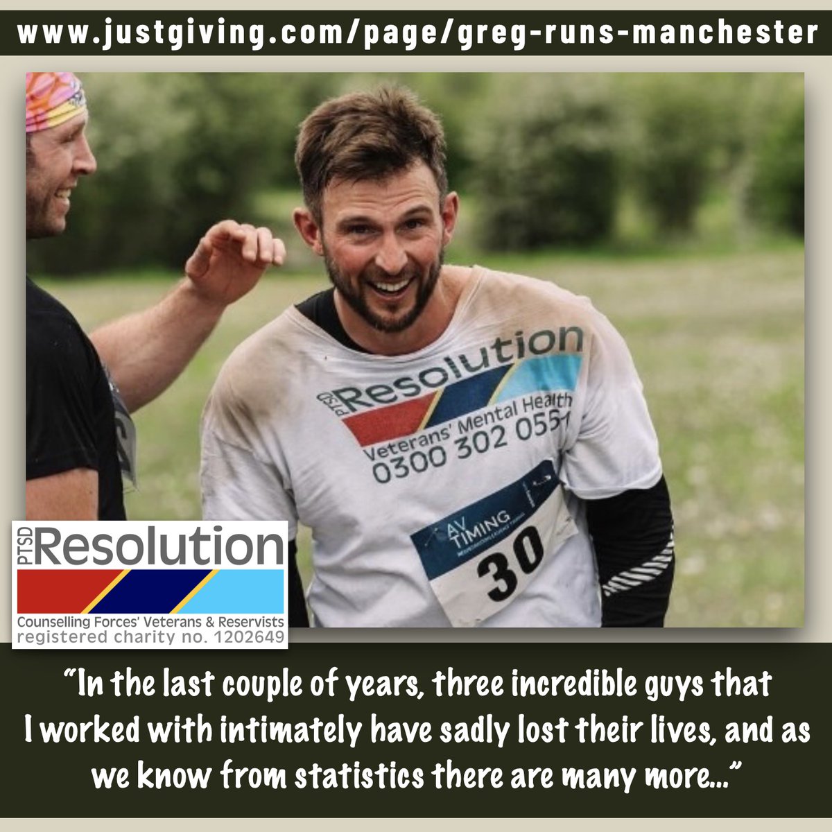 Our very own Trustee Greg Vosper will be running the #ManchesterMarathon in less than 2 weeks - 14th April - all to raise much needed funds for our UK Veterans, Reservists & families! 🏃‍♂️🏃‍♂️🏃‍♂️ Fancy supporting Greg & #PTSDResolution? ➡️ justgiving.com/page/greg-runs… Go Greg! 💪🙏