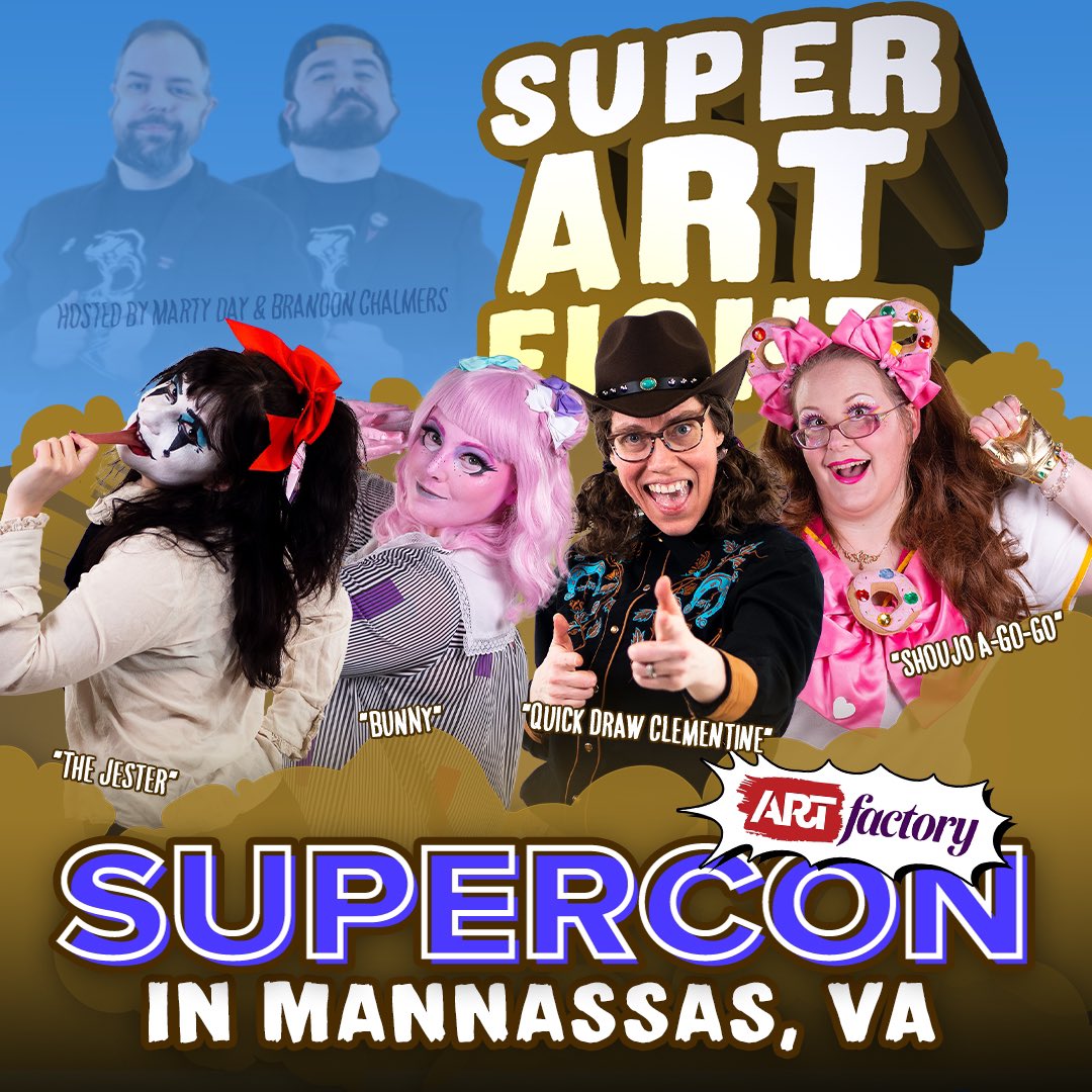 SuperArtFight's tweet image. After a full day of art, panels, cosplay and food trucks, join us for some Super Art Fight action.

We’ll be having a Super Con Mini Tournament with Four Artists battling it out in Battle Street! 

Tickets on sale now (link in bio) 🎟️

#artfactory #supercon #superartfight