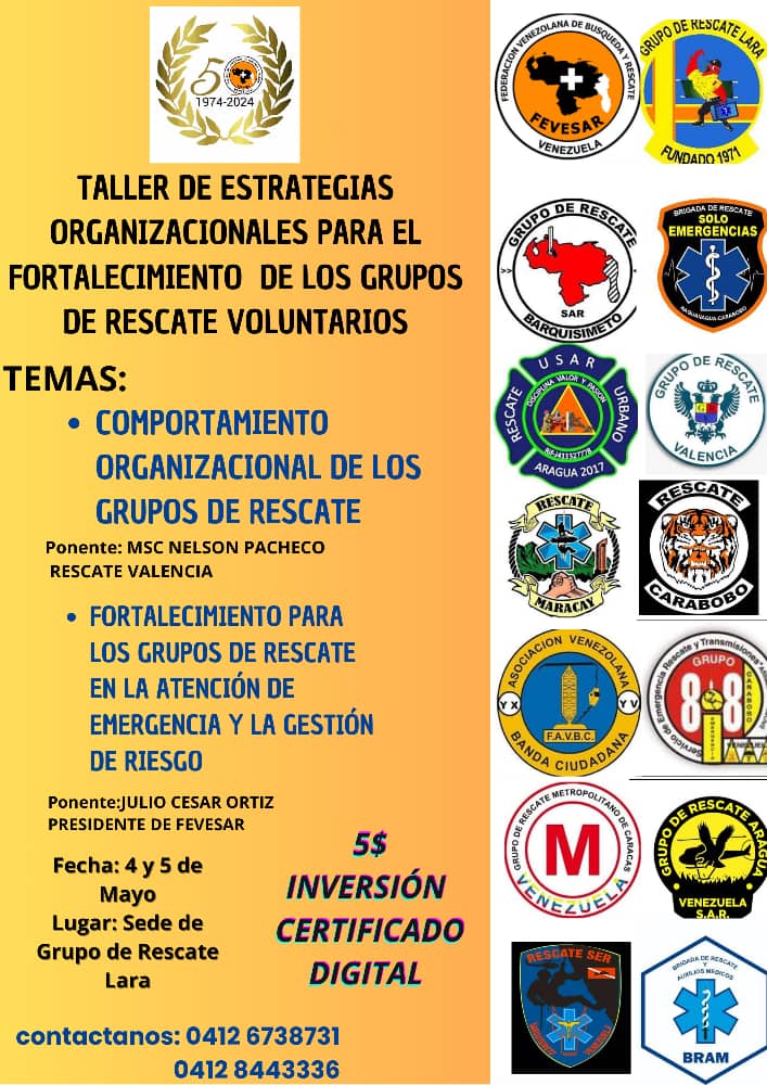 Amigos voluntarios, bomberos y protección civil, los invitamos al Taller de Estrategias Organizacionales para el Fortalecimiento de los Grupos de Rescate Voluntarios. Esta actividad contará con la participación de dos destacados ponentes: MSc Nelson Pacheco y Tsu Julio Ortiz