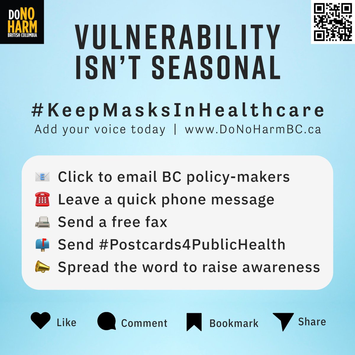 Thank you friends! So far, you have sent 16,556 emails telling BC policymakers #VulnerabilityIsntSeasonal & demanding they #KeepMasksInHealthcare! And we're not done! You can ☎️CALL, 📠FAX, & ✉️MAIL to keep up the pressure! Each only takes a few minutes. donoharmbc.ca/vulnerability-…