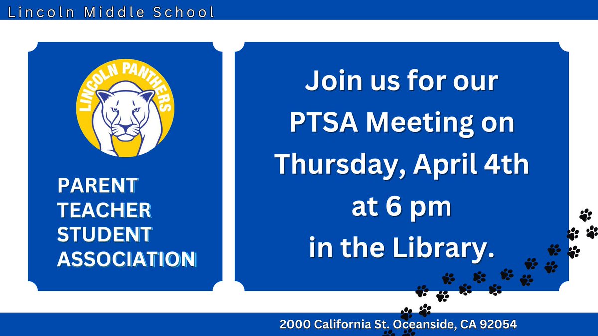 Tomorrow, April 4th is our PTSA meeting at 6pm in the Library. We encourage all parents, teachers and students to attend.