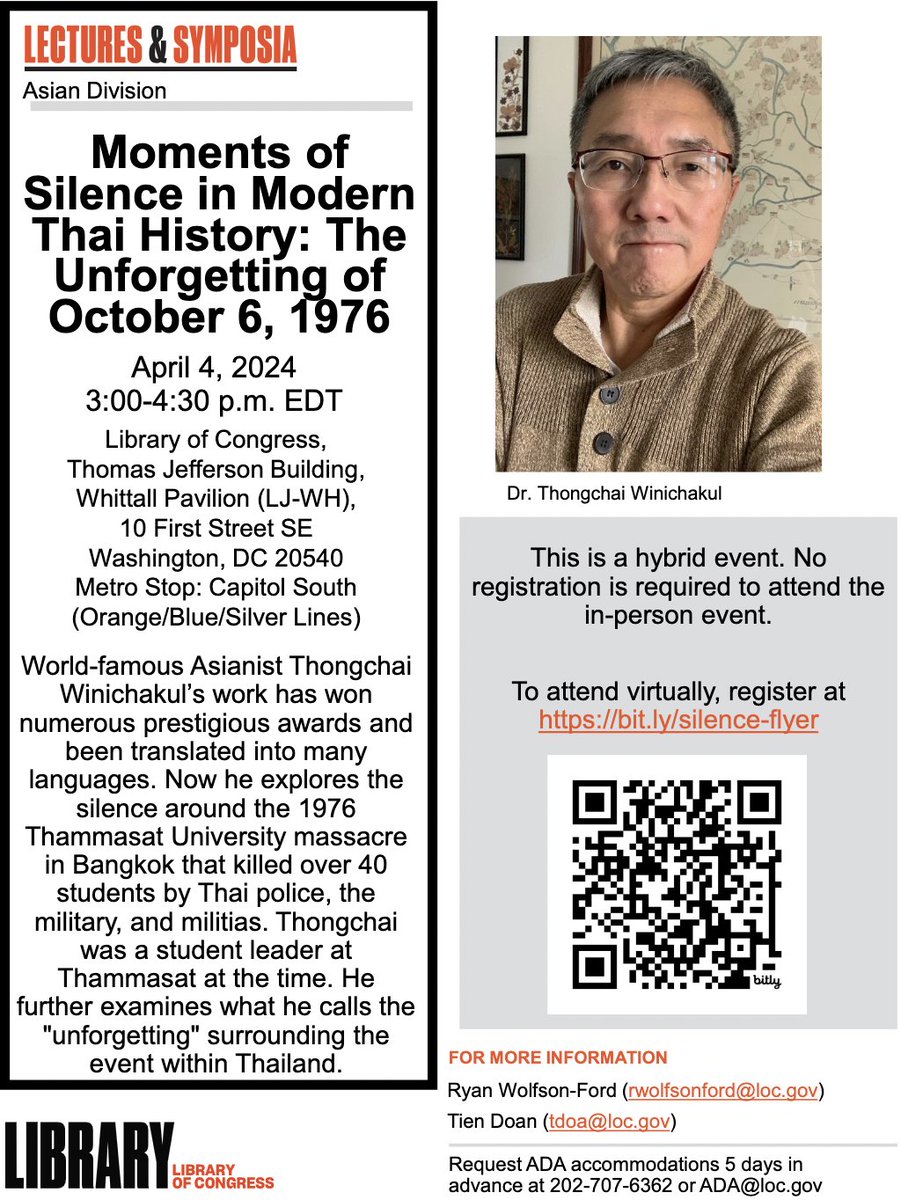 The Library of Congress (@libraryofcongress) will host Thongchai Winichakul (@UWHistoryDept) tomorrow for a hybrid talk on 'Moments of Silence in Modern Thai History: The Unforgetting of October 6, 1976' live on Zoom! April 4 @ 3:00p (EDT) tinyurl.com/4s27erbw #ThaiHistory