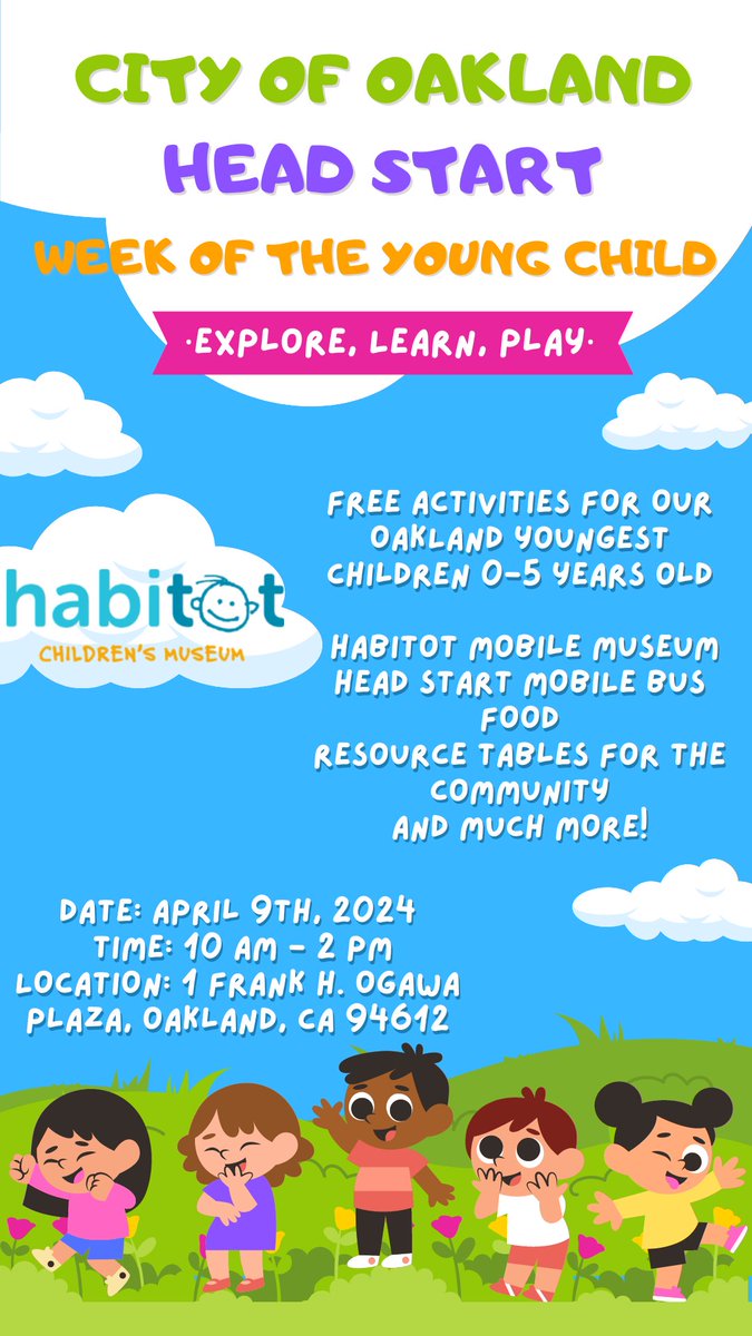 Please join us in celebrating the Week of the Young Child! On Tuesday, April 9, 10am - 2pm, the City of Oakland, Head Start program, will be hosting free activities for children 0-5 years old. Location: 1 Frank Ogawa Plaza, Oakland.