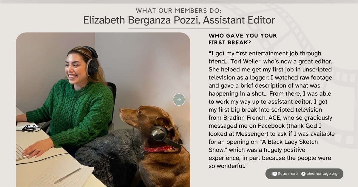 Elizabeth Pozzi is an Assistant Editor who started as a logger. 'What Our Members Do' is a feature exclusively on Cinemontage that puts the spotlight on our members and their unique stories from across the country. Read more of Elizabeth's story➡️ tr.ee/l8BSuPFSNN