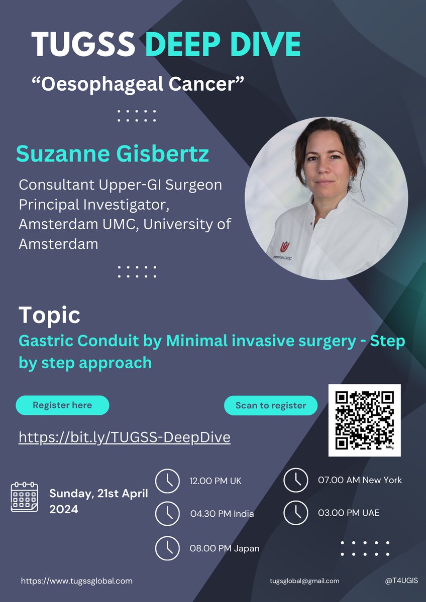 We are delighted to have Dr. Suzanne Gisbertz @SSGisbertz in our first deep dive session. She is a consultant upper GI surgeon and Principal Investigator at Amsterdam UMC @amsterdamumc. Join us and register here: bit.ly/TUGSS-DeepDive