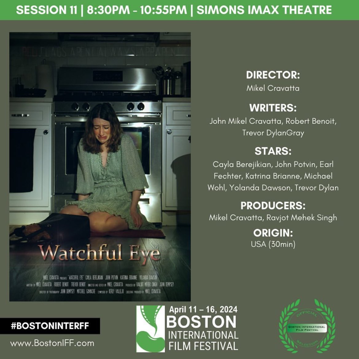 The final two Session 11 films are “The Overlook” and “Watchful Eye”. Come support the filmmakers at the BIFF!