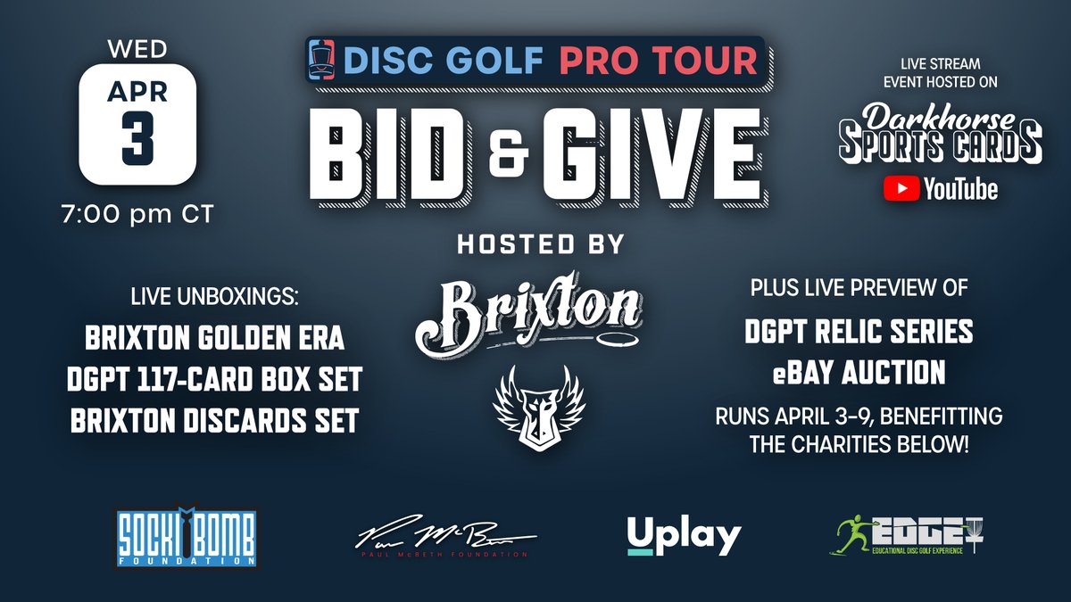 Don't miss tonight's DGPT Bid & Give event, brought to you by @BrixtonDiscGolf and Darkhorse Sports Cards! Tune in tonight at 7 PM CT for live unboxings, giveaways, and the chance to bid on rare, autographed DGPT relic series cards on eBay. Bidding starts during the stream and