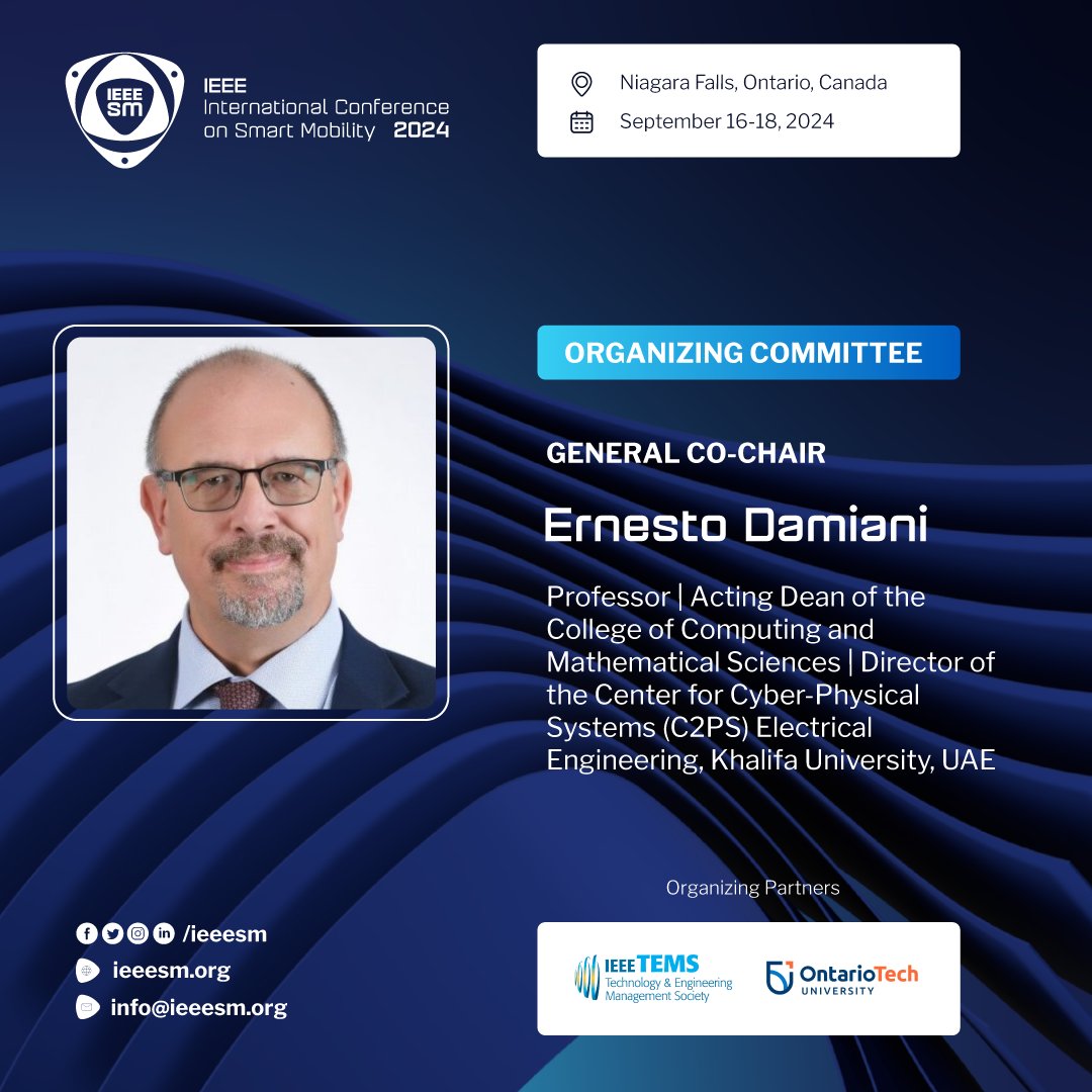 Ernesto Damiani, Professor & Acting Dean of the College of Computing and Mathematical Sciences is taking the helm as one of the General Co-Chairs. Submit your papers at ieeesm.org/call-for-paper… #IEEESM24 #SmartMobility #SmartCities