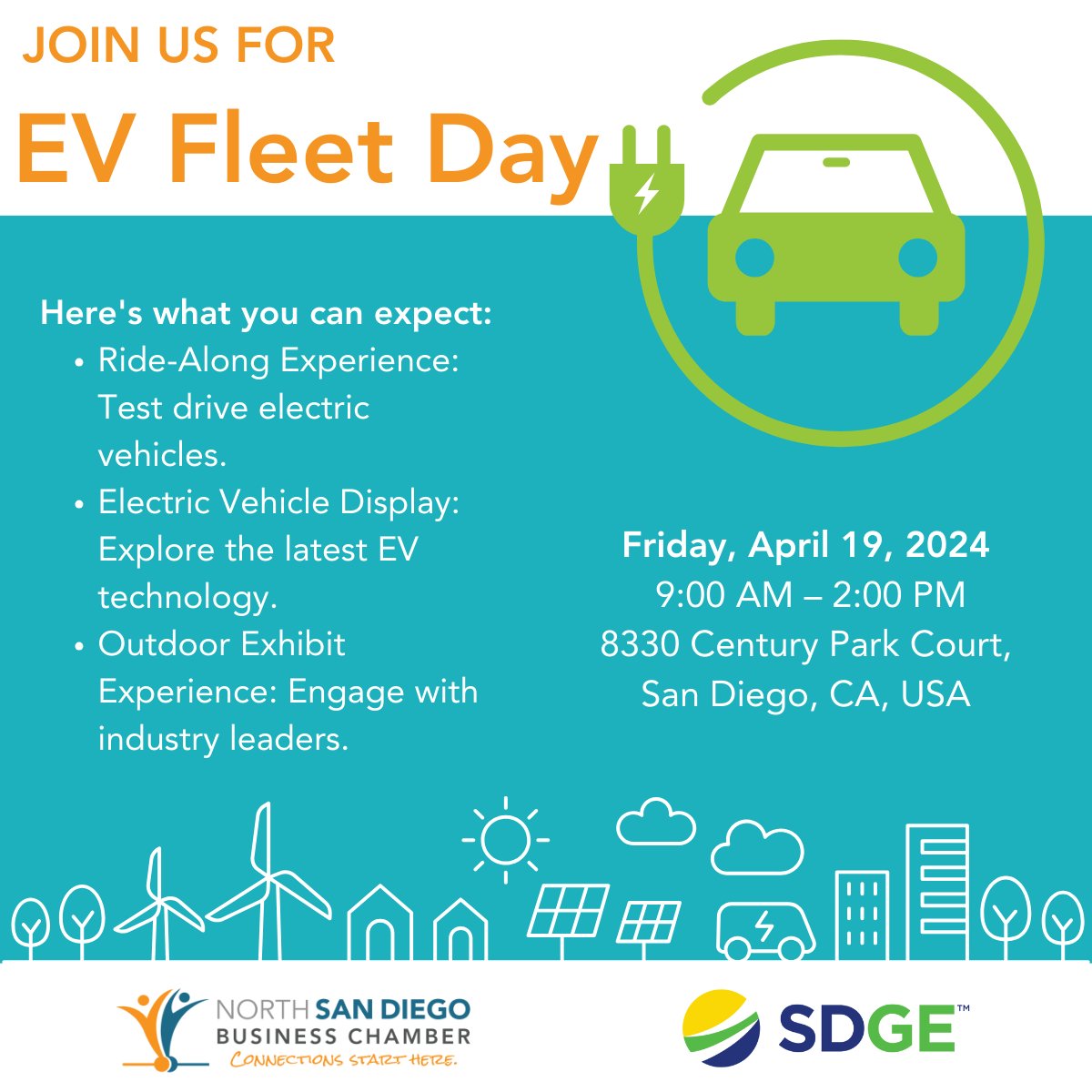 Members are invited to @SDGE EV Fleet Day on Friday, April 19!  💚 Let's build a cleaner, healthier, & more sustainable SD. Secure complimentary tix: lnkd.in/ggez933b 
*Open to Members only.

#nsdbc #sdge #evfleetday #sustainablebusiness #ecofriendlybusiness #sandiego