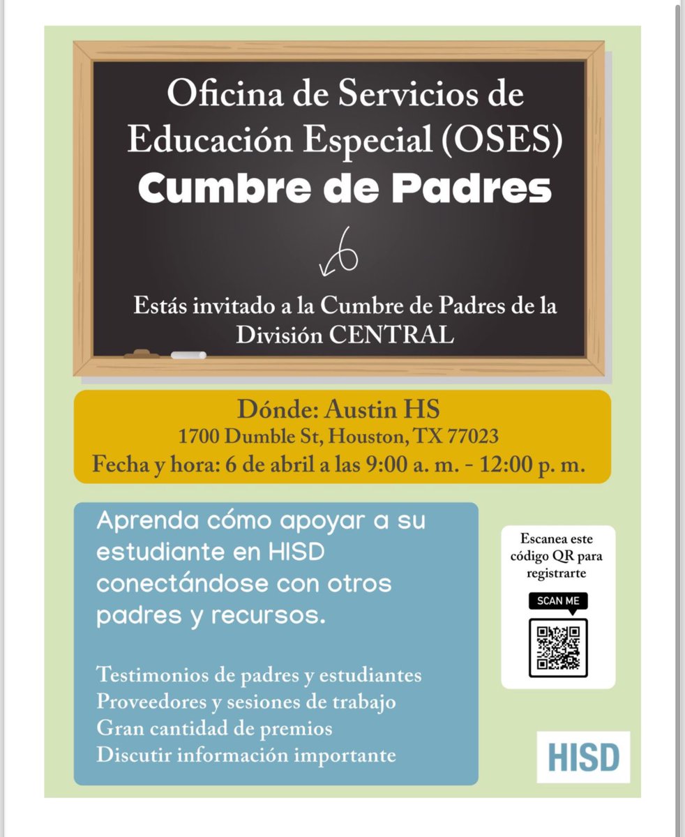 Parents and Guardians are invited to the Office of Special Education Services Parent Summit this Saturday @HISDCentral. We look forward to seeing you there.