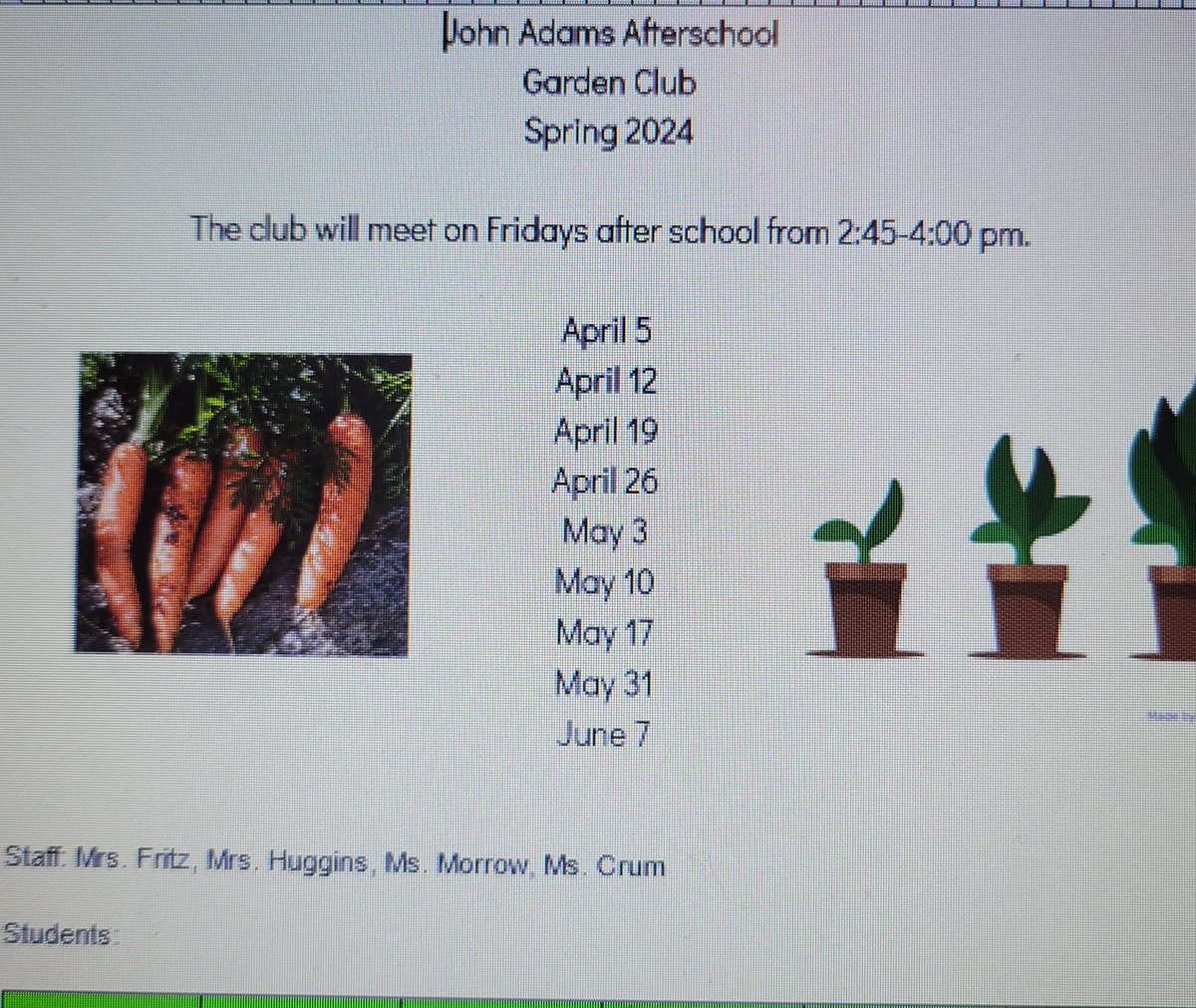 The Spring Garden Club starts this Friday. Return your permission slips to Mrs. Fritz, if you plan to participate. #BeEager #EagerEagles #AltheaHugginsHabitat #SchoolGardens