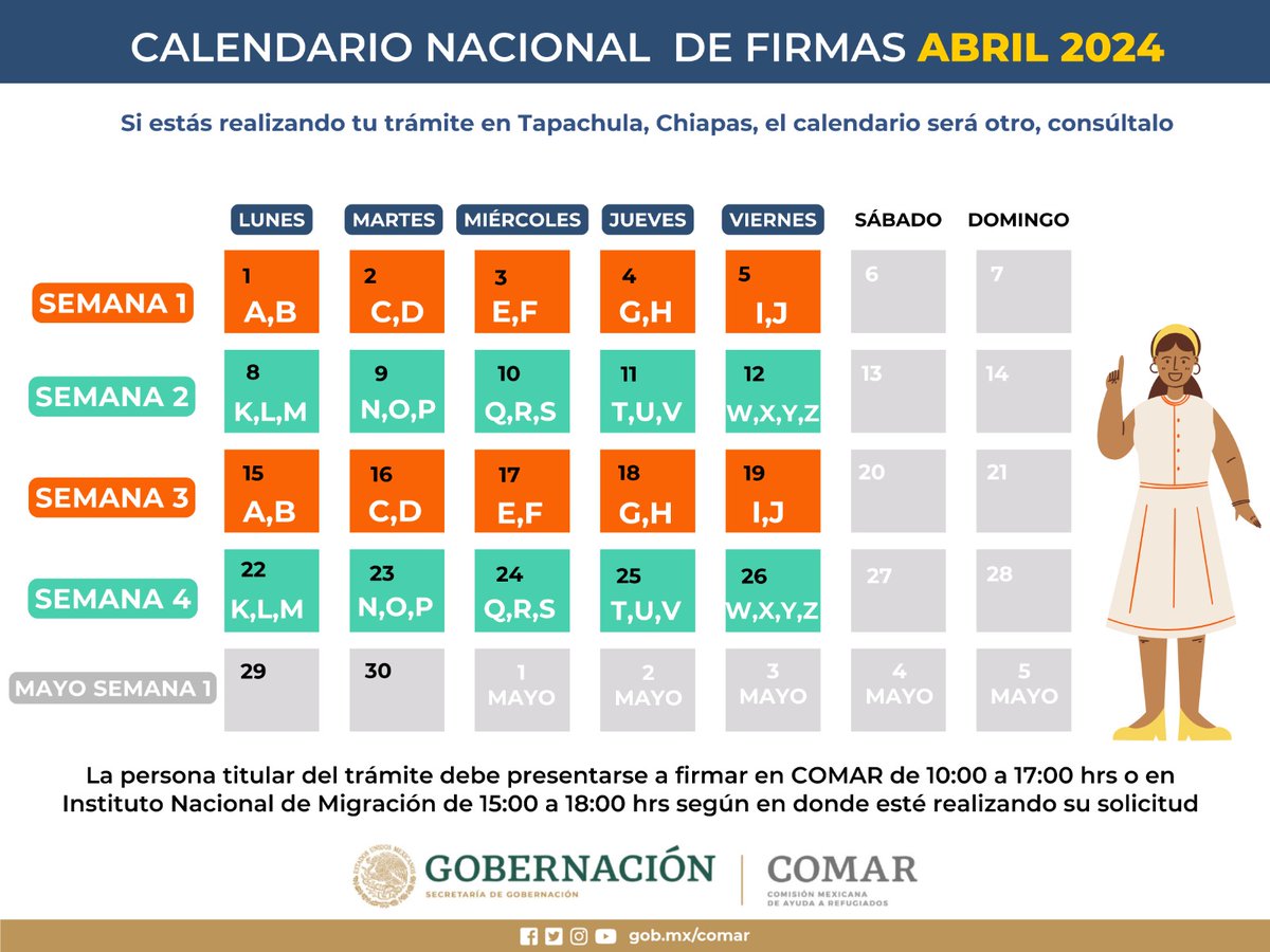 🗓 Busca la primer letra de tu primer apellido para saber cuándo tienes que ir a firmar. -Solo debe presentarse a firmar la persona titular del trámite 📍Si estás en Tapachula, el calendario será otro, consúltalo🔎