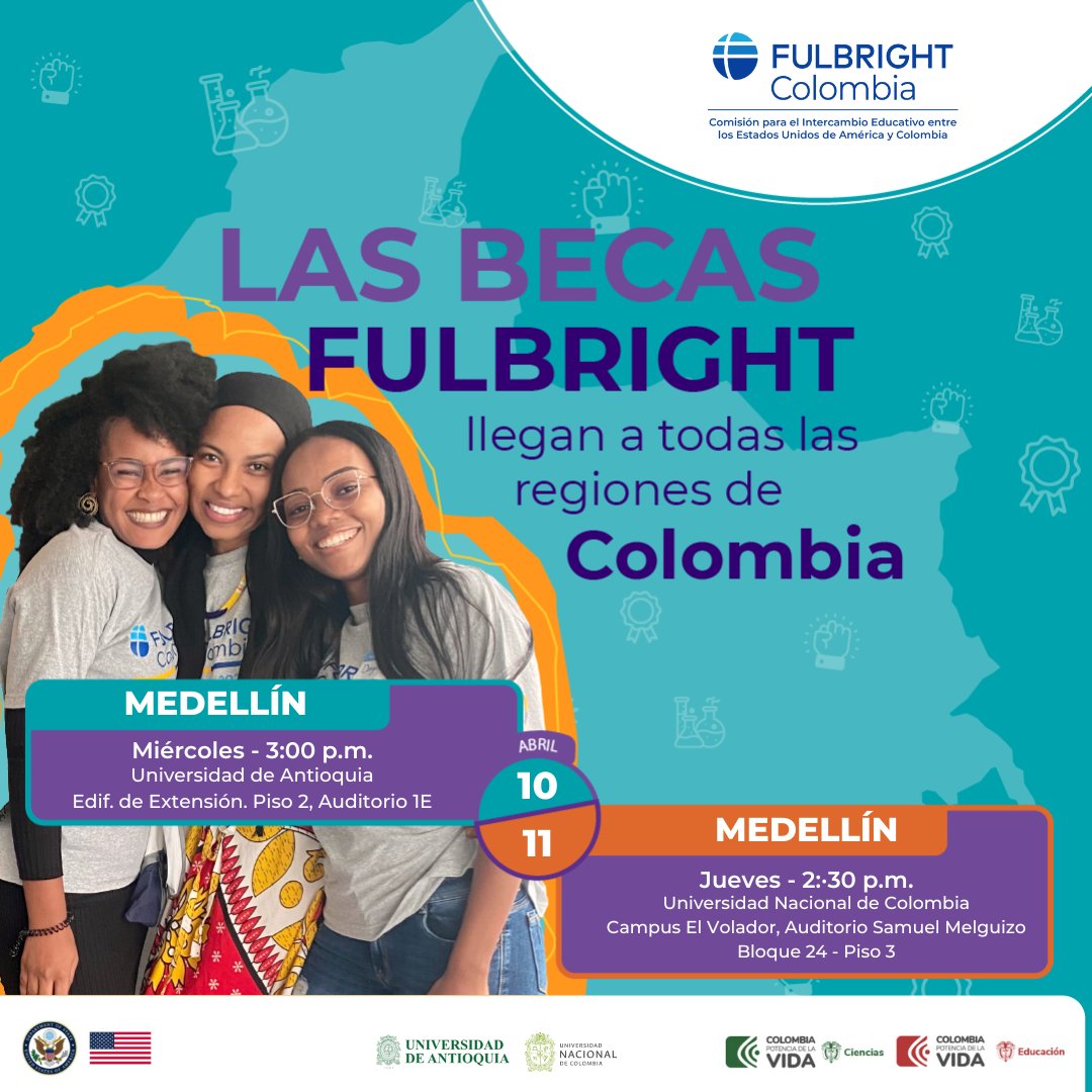 ¡La próxima semana llegan a #Medellin nuestras charlas presenciales!🚗🇨🇴 Prepárate para conocer nuestro Portafolio de #Becas Fulbright de #Posgrado para estudios de maestría y doctorado en #EEUU 🎓🇺🇸 Aparta tu cupo gratis en fulbright.edu.co/posgrados_2024/ @UdeA @UNALOficial