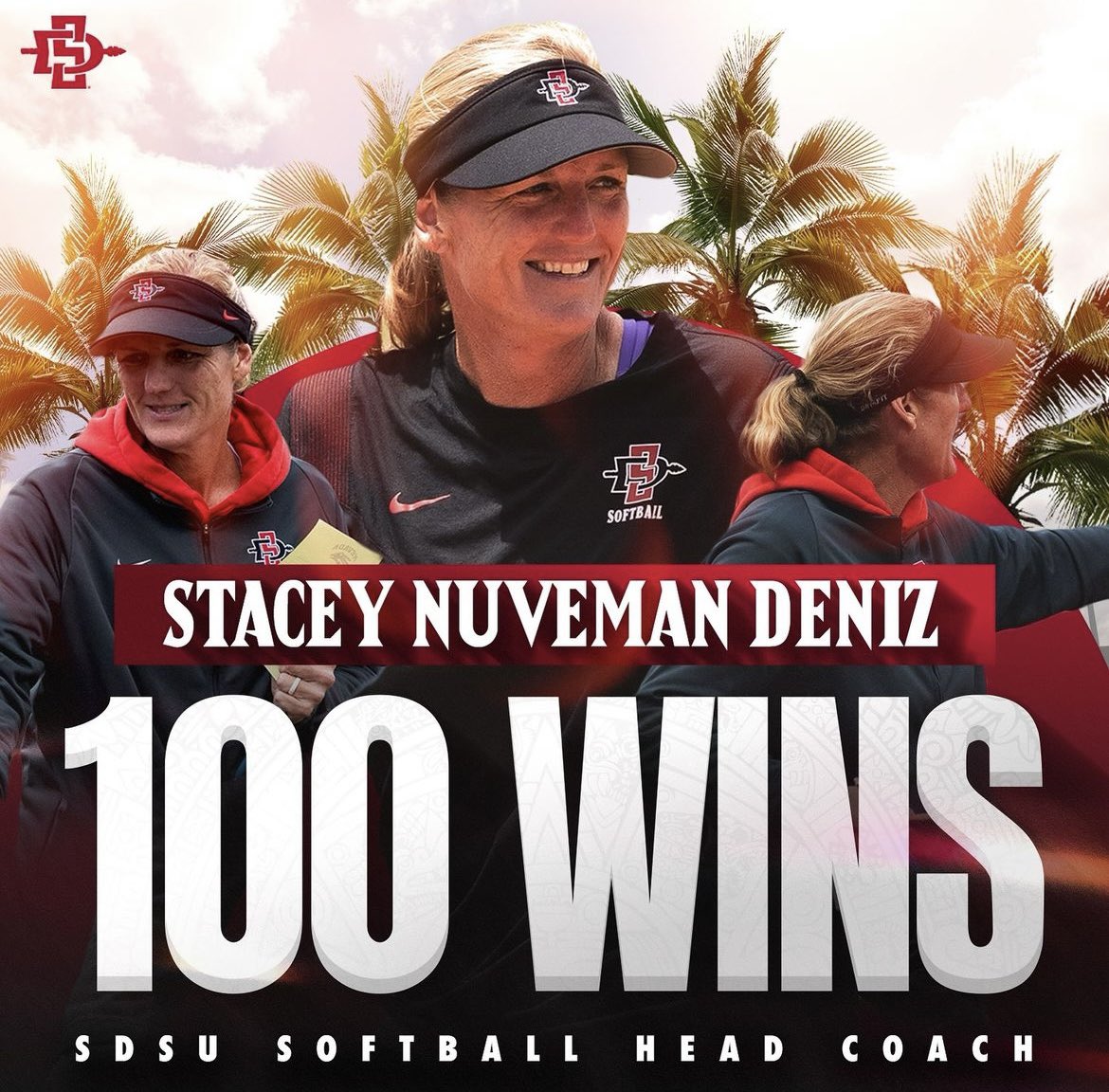 Win #100 ✅ Congratulations to Head Coach, Stacey Nuveman Deniz, on her 100th career win! 🔴⚫️🌴 #GoAztecs