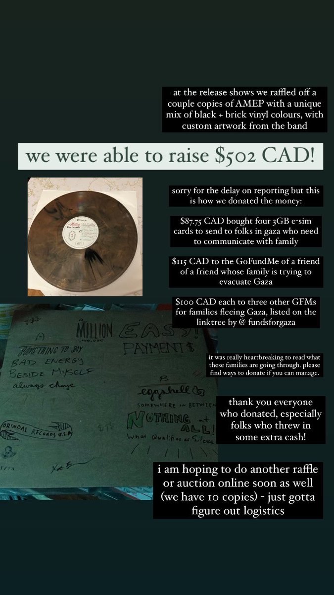 we raised $502 with the raffles for one-of-a-kind copies of AMEP at the release shows... attached is our recent instagram story sharing how the money was used. thanks to everyone who donated and/or bought a raffle ticket!