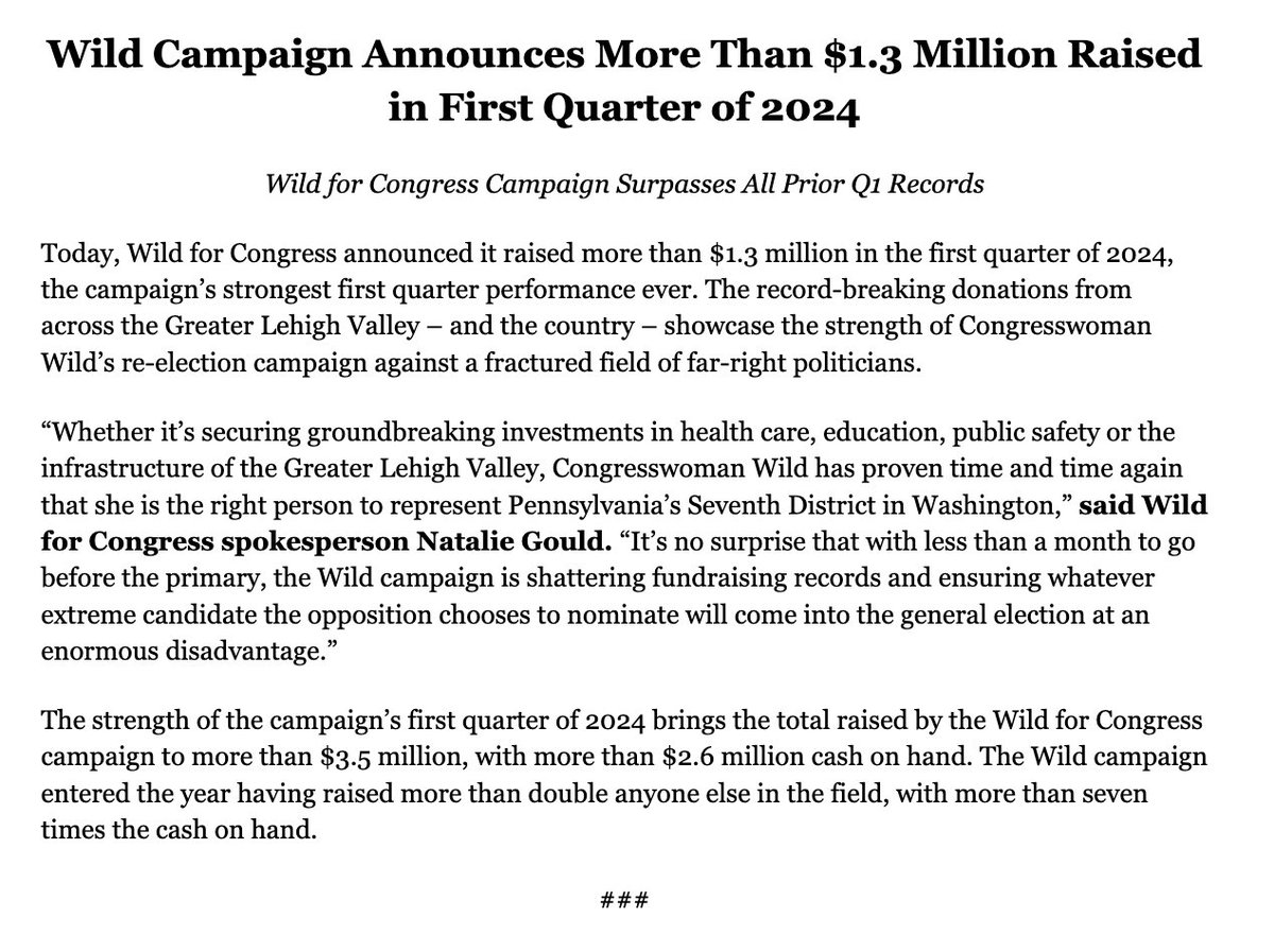 Another massive Q1 haul from a swing*-district Democrat: Rep. Susan Wild raised $1.3 million