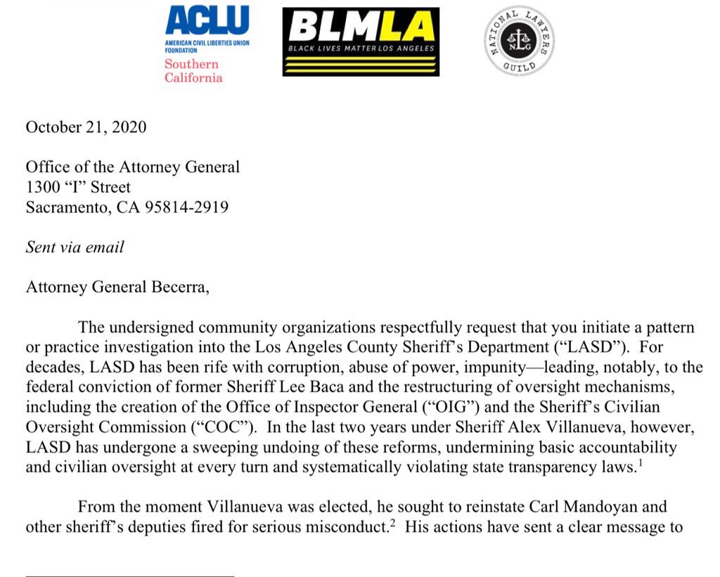 In 2020, we sent a letter to then Attorney General Becerra demanding the Department of Justice investigate the lawless rotten culture of LASD. #LASDgangs have violently oppressed our communities for far too long. Read our letter here: checkthesheriff.com/about
