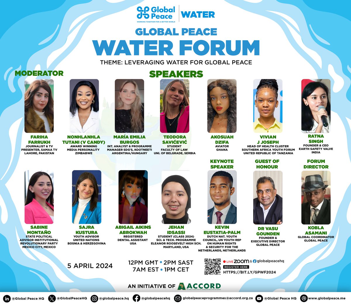 GlobalPeaceEuro's tweet photo. Meet our distinguished speakers who will be speaking @ the Global Peace Water Forum taking place this Friday, 5th April 2024, on the theme "leveraging water for Global Peace. "Join our speakers and participants, and let's discuss the pathway towards using water to promote peace. https://t.co/qaBXk2kFL1