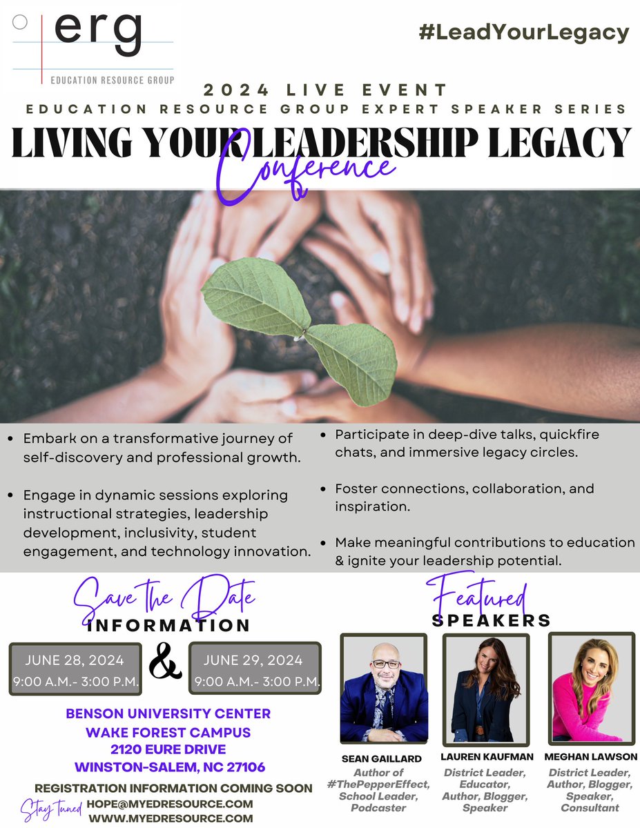 Excited to announce a fantastic collab with @LearnwithERG! Join @LaurenMKaufman, @Meghan_Lawson and me for a leadership conference in partnership with ERG! 🎉 Mark your calendars for June 28-29, 2024, in Winston-Salem, NC! Check out the flyer for details. Stay tuned for more…