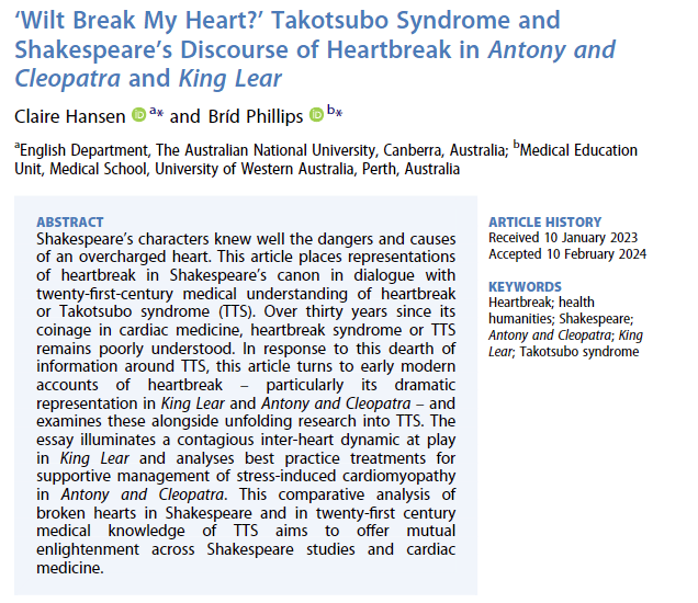 It has been so much fun collaborating on this #Shakespeare & #BrokenHearts research article with
@colourinmotion and a thrill to see it published (open access!) in #Shakespeare journal! #healthhum

tandfonline.com/doi/full/10.10…